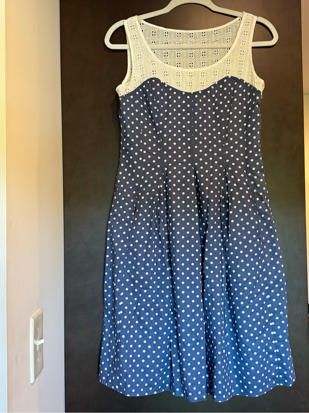 NINE WEST Navy Polka Dot Midi Dress with White Crochet Yoke